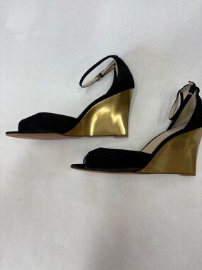 L.K. Bennett Peep Toe Black Suede and Gold Leather Wedge